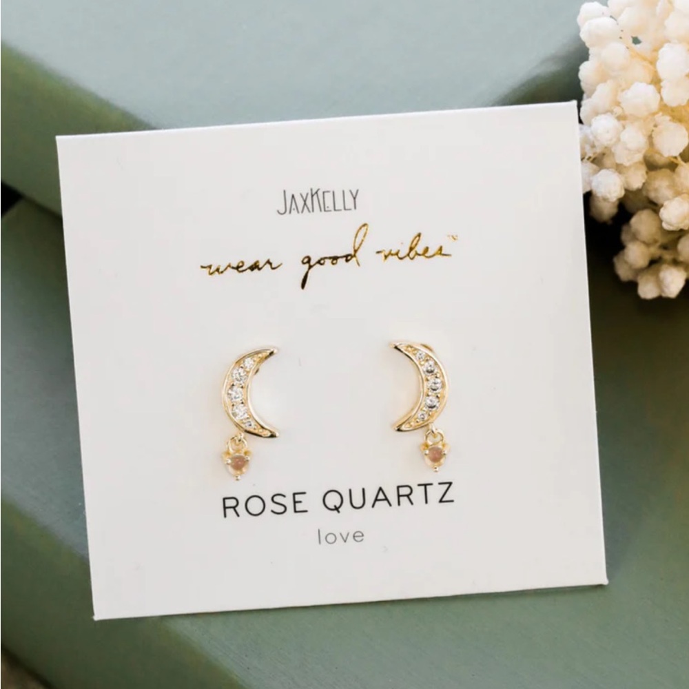 JAX KELLY Gold Crescent Moon Earrings with Rose Quartz